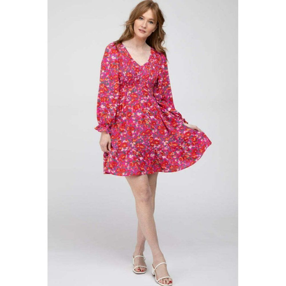 JODIFL Fuchsia Floral Pink Smocked Front Ruffle Trim Dress Fall New S-L G5392-2 - Picture 6 of 8